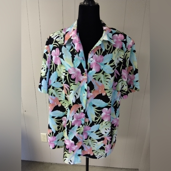 Women's Floral Hawaiian Luau Print Button Up Blouse Plus Size 16W Flowers Hawaii - Picture 1 of 3